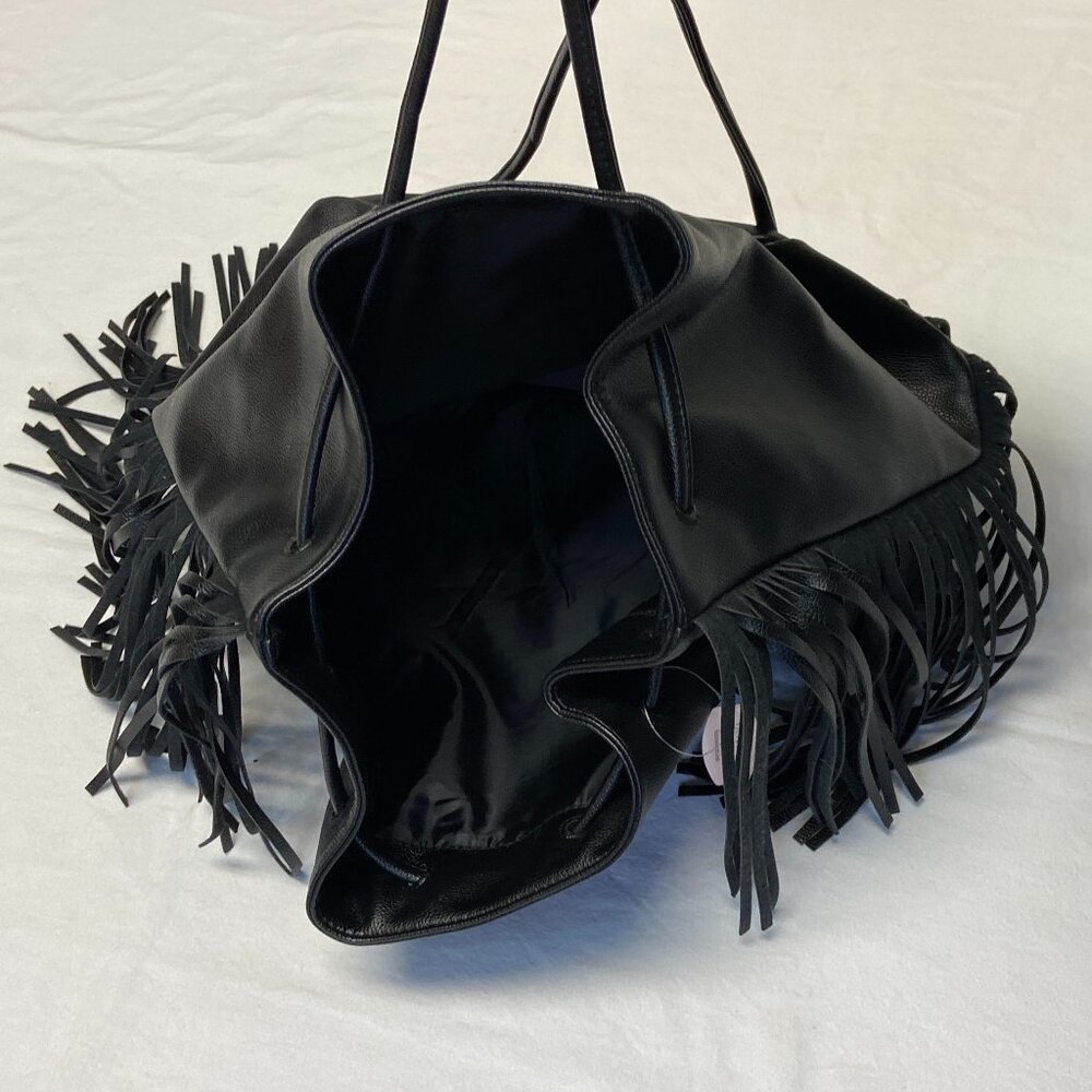 Victoria’s Secret Black Fringe Faux Leather Backpack Tote NWT Slide Closure Bag - Picture 12 of 15